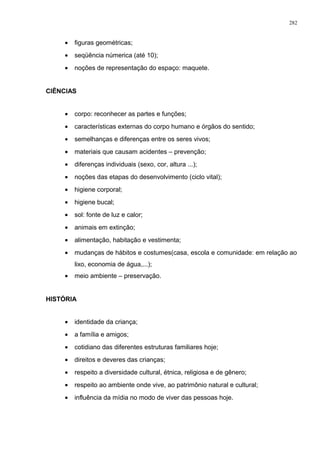 • figuras geométricas;
• seqüência númerica (até 10);
• noções de representação do espaço: maquete.
CIÊNCIAS
• corpo: reconhecer as partes e funções;
• características externas do corpo humano e órgãos do sentido;
• semelhanças e diferenças entre os seres vivos;
• materiais que causam acidentes – prevenção;
• diferenças individuais (sexo, cor, altura ...);
• noções das etapas do desenvolvimento (ciclo vital);
• higiene corporal;
• higiene bucal;
• sol: fonte de luz e calor;
• animais em extinção;
• alimentação, habitação e vestimenta;
• mudanças de hábitos e costumes(casa, escola e comunidade: em relação ao
lixo, economia de água,...);
• meio ambiente – preservação.
HISTÓRIA
• identidade da criança;
• a família e amigos;
• cotidiano das diferentes estruturas familiares hoje;
• direitos e deveres das crianças;
• respeito a diversidade cultural, étnica, religiosa e de gênero;
• respeito ao ambiente onde vive, ao patrimônio natural e cultural;
• influência da mídia no modo de viver das pessoas hoje.
282
 