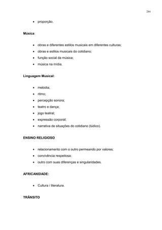 • proporção.
Música:
• obras e diferentes estilos musicais em diferentes culturas;
• obras e estilos musicais do cotidiano;
• função social da música;
• música na mídia.
Linguagem Musical:
• melodia;
• ritmo;
• percepção sonora;
• teatro e dança;
• jogo teatral;
• expressão corporal;
• narrativa de situações do cotidiano (lúdico).
ENSINO RELIGIOSO
• relacionamento com o outro permeando por valores;
• convivência respeitosa;
• outro com suas diferenças e singularidades.
AFRICANIDADE:
• Cultura / literatura.
TRÂNSITO
284
 