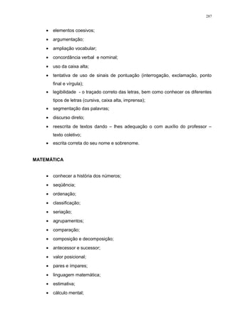 • elementos coesivos;
• argumentação;
• ampliação vocabular;
• concordância verbal e nominal;
• uso da caixa alta;
• tentativa de uso de sinais de pontuação (interrogação, exclamação, ponto
final e vírgula);
• legibilidade - o traçado correto das letras, bem como conhecer os diferentes
tipos de letras (cursiva, caixa alta, imprensa);
• segmentação das palavras;
• discurso direto;
• reescrita de textos dando – lhes adequação o com auxílio do professor –
texto coletivo;
• escrita correta do seu nome e sobrenome.
MATEMÁTICA
• conhecer a história dos números;
• seqüência;
• ordenação;
• classificação;
• seriação;
• agrupamentos;
• comparação;
• composição e decomposição;
• antecessor e sucessor;
• valor posicional;
• pares e ímpares;
• linguagem matemática;
• estimativa;
• cálculo mental;
287
 