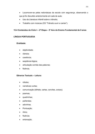 • Locomover-se pelas redondezas da escola com segurança, observando o
que já foi discutido anteriormente em sala de aula;
• Uso da Literatura Infantil sobre o trânsito;
• Trabalho com músicas (CD “Trânsito ouvir e cantar”).
15.4 Conteúdos do Ciclo I – 2ª Etapa – 3º Ano do Ensino Fundamental de 9 anos
LÍNGUA PORTUGUESA
Oralidade:
• objetividade;
• clareza;
• coerência;
• seqüência lógica;
• articulação correta das palavras;
• fluência.
Gêneros Textuais – Leitura:
• rótulos;
• narrativas curtas;
• comunicação (bilhete, cartas, convites, avisos);
• poemas;
• quadrinhas;
• parlendas;
• adivinhas.
• Pontuação;
• ritmo;
• fluência;
• entonação;
292
 