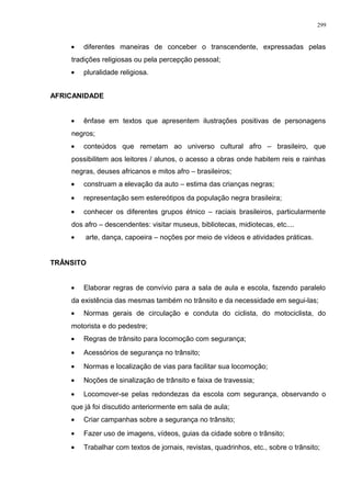 • diferentes maneiras de conceber o transcendente, expressadas pelas
tradições religiosas ou pela percepção pessoal;
• pluralidade religiosa.
AFRICANIDADE
• ênfase em textos que apresentem ilustrações positivas de personagens
negros;
• conteúdos que remetam ao universo cultural afro – brasileiro, que
possibilitem aos leitores / alunos, o acesso a obras onde habitem reis e rainhas
negras, deuses africanos e mitos afro – brasileiros;
• construam a elevação da auto – estima das crianças negras;
• representação sem estereótipos da população negra brasileira;
• conhecer os diferentes grupos étnico – raciais brasileiros, particularmente
dos afro – descendentes: visitar museus, bibliotecas, midiotecas, etc....
• arte, dança, capoeira – noções por meio de vídeos e atividades práticas.
TRÂNSITO
• Elaborar regras de convívio para a sala de aula e escola, fazendo paralelo
da existência das mesmas também no trânsito e da necessidade em segui-las;
• Normas gerais de circulação e conduta do ciclista, do motociclista, do
motorista e do pedestre;
• Regras de trânsito para locomoção com segurança;
• Acessórios de segurança no trânsito;
• Normas e localização de vias para facilitar sua locomoção;
• Noções de sinalização de trânsito e faixa de travessia;
• Locomover-se pelas redondezas da escola com segurança, observando o
que já foi discutido anteriormente em sala de aula;
• Criar campanhas sobre a segurança no trânsito;
• Fazer uso de imagens, vídeos, guias da cidade sobre o trânsito;
• Trabalhar com textos de jornais, revistas, quadrinhos, etc., sobre o trânsito;
299
 