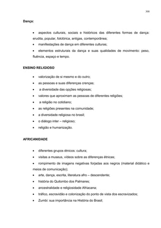 Dança:
• aspectos culturais, sociais e históricos das diferentes formas de dança:
erudita, popular, folclórica, antigas, contemporânea;
• manifestações de dança em diferentes culturas;
• elementos estruturais da dança e suas qualidades de movimento: peso,
fluência, espaço e tempo.
ENSINO RELIGIOSO
• valorização de si mesmo e do outro;
• as pessoas e suas diferenças crenças;
• a diversidade das opções religiosas;
• valores que aproximam as pessoas de diferentes religiões;
• a religião no cotidiano;
• as religiões presentes na comunidade;
• a diversidade religiosa no brasil;
• o diálogo inter – religioso;
• religião e humanização.
AFRICANIDADE
• diferentes grupos étnicos: cultura;
• visitas a museus, vídeos sobre as diferenças étnicas;
• rompimento de imagens negativas forjadas aos negros (material didático e
meios de comunicação);
• arte, dança, escrita, literatura afro – descendente;
• história do Quilombo dos Palmares;
• ancestralidade e religiosidade Afriacana;
• tráfico, escravidão e colonização do ponto de vista dos escravizados;
• Zumbi: sua importância na História do Brasil;
308
 