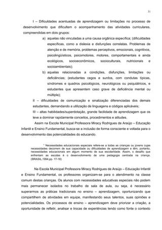 I – Dificuldades acentuadas de aprendizagem ou limitações no processo de
desenvolvimento que dificultem o acompanhamento das atividades curriculares,
compreendidas em dois grupos:
a) aquelas não vinculadas a uma causa orgânica específica; (dificuldades
específicas, como a dislexia e disfunções correlatas. Problemas de
atenção e de memória, problemas perceptivos, emocionais, cognitivos,
psicolingüísticos, psicomotores, motores, comportamentais e ainda
ecológicos, socioeconômicos, socioculturais, nutricionais e
socioambientais);
b) aquelas relacionadas a condições, disfunções, limitações ou
deficiências; (estudantes cegos e surdos, com condutas típicas,
síndromes e quadros psicológicos, neurológicos ou psiquiátricos, e
estudantes que apresentem caso grave de deficiência mental ou
múltipla);
II – dificuldades de comunicação e sinalização diferenciadas dos demais
estudantes, demandando a utilização de linguagens e códigos aplicáveis;
III – altas habilidades/superdotação, grande facilidade de aprendizagem que os
leve a dominar rapidamente conceitos, procedimentos e atitudes.
Assim na Escola Municipal Professora Miracy Rodrigues de Araújo – Educação
Infantil e Ensino Fundamental, busca-se a inclusão de forma consciente e voltada para o
desenvolvimento das potencialidades do educando.
“ Necessidades educacionais especiais refere-se a todas as crianças ou jovens cujas
necessidades decorrem de sua capacidade ou dificuldades de aprendizagem e têm, portanto,
necessidades educacionais em algum momento de sua escolaridade. Assim, o desafio que
enfrentam as escolas é o desenvolvimento de uma pedagogia centrada na criança.
(BRASIL,1994,pp. 17-18)
Na Escola Municipal Professora Miracy Rodrigues de Araújo – Educação Infantil
e Ensino Fundamental, os professores organizam-se para o atendimento na classe
comum destas crianças. Os alunos com necessidades educativas especiais não podem
mais permanecer isolados no trabalho de sala de aula, ou seja, é necessário
superarmos as práticas tradicionais no ensino – aprendizagem, oportunizando que
compartilhem de atividades em equipe, manifestando seus talentos, suas opiniões e
potencialidades. Os processos de ensino – aprendizagem deve priorizar a criação, a
oportunidade de refletir, analisar e trocas de experiências tendo como fonte o contexto
31
 
