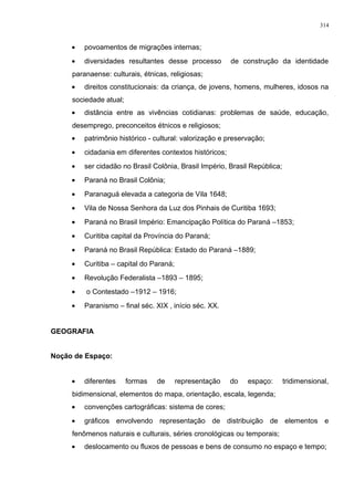 • povoamentos de migrações internas;
• diversidades resultantes desse processo de construção da identidade
paranaense: culturais, étnicas, religiosas;
• direitos constitucionais: da criança, de jovens, homens, mulheres, idosos na
sociedade atual;
• distância entre as vivências cotidianas: problemas de saúde, educação,
desemprego, preconceitos étnicos e religiosos;
• patrimônio histórico - cultural: valorização e preservação;
• cidadania em diferentes contextos históricos;
• ser cidadão no Brasil Colônia, Brasil Império, Brasil República;
• Paraná no Brasil Colônia;
• Paranaguá elevada a categoria de Vila 1648;
• Vila de Nossa Senhora da Luz dos Pinhais de Curitiba 1693;
• Paraná no Brasil Império: Emancipação Política do Paraná –1853;
• Curitiba capital da Província do Paraná;
• Paraná no Brasil República: Estado do Paraná –1889;
• Curitiba – capital do Paraná;
• Revolução Federalista –1893 – 1895;
• o Contestado –1912 – 1916;
• Paranismo – final séc. XIX , início séc. XX.
GEOGRAFIA
Noção de Espaço:
• diferentes formas de representação do espaço: tridimensional,
bidimensional, elementos do mapa, orientação, escala, legenda;
• convenções cartográficas: sistema de cores;
• gráficos envolvendo representação de distribuição de elementos e
fenômenos naturais e culturais, séries cronológicas ou temporais;
• deslocamento ou fluxos de pessoas e bens de consumo no espaço e tempo;
314
 