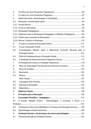 2. O Lúdico em uma Perspectiva Vygotskyana.......................................................86
3. O Lúdico em uma Perspectiva Piagetiana...........................................................87
4. Desenvolvimento, Aprendizagem e Criatividade.................................................91
V.3 Brinquedo: caracterização geral..........................................................................96
V.3.1 Porquê Brincar.....................................................................................................96
V.3.2 O que é o Brinquedo............................................................................................99
V.3.3 Brinquedos Pedagógicos...................................................................................103
V.3.4 Diferença entre os Brinquedos Pedagógicos e Matérias Pedagógicas.............104
V.3.5 Critério para a escolha de Brinquedos...............................................................105
V.3.6 Brincar, Construir e Expressar...........................................................................110
6. O Lúdico na escola de Educação Infantil..........................................................113
6.1 O que é Educação Infantil................................................................................113
6.2 Considerações Básicas sobre o Referencial Curricular Nacional para a
Educação Infantil..............................................................................................114
6.3 Perfil do Profissional para a Educação Infantil.................................................115
6.4 A Avaliação do Desenvolvimento Integral da Criança......................................117
7. O Planejamento Geral e a Avaliação Institucional.............................................118
8. Plano de Capacitação Permanente dos Recursos Humanos...........................121
9. Eixos de Trabalho.............................................................................................122
9.1 Movimento........................................................................................................122
9.2 Música..............................................................................................................124
Artes Visuais.....................................................................................................127
9.3 Linguagem Oral e Escrita.................................................................................130
9.4 Natureza e Sociedade......................................................................................132
9.5 Matemática.......................................................................................................134
6. Objetivos Gerais...............................................................................................138
7. Princípios para a Educação............................................................................139
8. Concepção Filosófico – pedagógica..............................................................141
8.1 A Escola: Relação Ensino – Aprendizagem, o Currículo, o Aluno e o
Professor......................................................................................................................143
8.2 A Pesquisa Crítica como Mediadora no Processo de Educação Humana........146
8.3 Aprendizagem e Desenvolvimento....................................................................149
9. Avaliação Escolar e do processo de ensino-aprendizagem........................151
9.1 Operacionalização da Avaliação Escolar..........................................................153
4
 