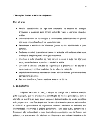 2.1Relações Sociais e Naturais – Objetivos
De 4 a 5 anos
• Ampliar possibilidades de agir com autonomia na escolha de espaços,
brinquedos e parceiros para brincar, definindo regras e recriando situações
vividas.
• Vivenciar relações de colaboração e solidariedade, desenvolvendo aos poucos
tolerância e respeito pelo outro e suas diferenças.
• Reconhecer a existência de diferentes grupos sociais, identificando a quais
pertence.
• Conhecer, construir e respeitar regras de convivência, utilizando gradativamente
o diálogo e a negociação na resolução de conflitos.
• Identificar e evitar situações de risco para si e o para o outro nos diferentes
espaços que freqüenta, aprendendo a valorizar a vida.
• Vivenciar e valorizar atitudes de organização e preservação de objetos e
espaços de uso individual e coletivo, dentro e fora da instituição.
• Explorar conhecimentos de diferentes áreas, aproximando-se gradativamente do
conhecimento científico.
• Perceber transformações em objetos e fenômenos físicos.
3. LINGUAGENS
Segundo VYGOTSKY (1994), a relação da criança com o mundo é mediada
pela linguagem, que vai propiciando a constituição de funções psicológicas, como a
atenção e a memória, as quais atuam na origem da imaginação e da função simbólica.
A linguagem atua como função primeira de comunicação entre pessoas, entre adultos
e crianças, e gradualmente os significados culturais mediados na oralidade são
internalizados, construindo o próprio pensamento. Para esse autor, pensamento e
linguagem são indissociáveis e suas inter-relações acontecem nos significados das
palavras que, por sua vez, não são fixos, modificam-se e se constroem historicamente,
70
 