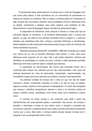 O pensamento lógico desenvolve-se na criança com o início da linguagem oral,
que ocorre pela palavra. A fala converte-se em um instrumento do pensamento no
esforço por resolver um problema. Para a criança, a primeira palavra é a abstração de
algo. Quando fala, ela analisa, classifica, busca qualidades comuns e diferenças entre
os objetos, sentimentos e desejos, para assim elaborar suas hipóteses de fala,
desenvolvendo o início da linguagem lógica e também do pensamento lógico.
A capacidade de discriminar cores, texturas e formas é a base para que as
estruturas lógicas se construam, e as primeiras diferenciações para a criança são
globais, ou seja, ela atém-se aos grandes contrastes entre os objetos e, a partir de
relações que estabelece entre eles, começa a perceber diferenças e semelhanças.
Essas relações que são construídas internamente pela criança a partir de vivências vão
sendo ampliadas aos poucos.
Recentes pesquisas (DUHALDE; CULBERES, 1998) têm mostrado que o bebê
com menos de um ano já percebe diferenças entre formas e cores, bem como
diferenças entre conjuntos de um, dois, três e até quatro elementos. Embora não
identifique as quantidades ou nomeie as cores e formas o bebê demonstra perceber
diferenças entre elas a partir de ações e reações que expressa.
A capacidade de discriminação não ocorre pela educação formal, ela é
construída pela criança nas vivências que lhe são proporcionadas e das quais ela
participa ativamente por meio da observação, manipulação, experimentação, nas
brincadeiras e jogos que cria ou aprende com adultos e crianças mais experientes.
Os primeiros contatos da criança com o meio em que vive são de origem
sensorial e motora, inicialmente centrados na visão e no tato ao tocar os objetos,
segurar ou lançar, observar como aparecem e desaparecem. É a partir das sensações
que começa a identificar temperaturas, texturas e cores e as primeiras noções de
espaço, medidas, tempo, causalidade, entre outras, tendo como referência o próprio
corpo.
O conceito de tempo começa a ser construído pelo bebê a partir dos
acontecimentos dos quais participa desde o nascimento. Aos poucos, ele começa a
perceber e internalizar o tempo do seu próprio corpo, a duração e sucessão dos
movimentos corporais, e gradativamente essa noção se amplia para leitura temporal do
mundo que o cerca. Mais tarde, a criança poderá articular épocas remotas com o
presente e com as perspectivas sobre o futuro.
78
 