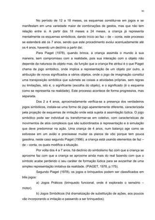 No período de 12 a 18 meses, os esquemas constitui-se em jogos e se
manifestam em uma variedade maior de combinações de gestos, mas que não tem
relação entre si. A partir dos 18 meses a 24 meses, a criança já representa
mentalmente os esquemas simbólicos, dando início ao faz – de – conta, este processo
se estenderá até os 7 anos, sendo que este procedimento evolui acentuadamente até
os 4 anos, havendo um declínio a partir daí.
Para Piaget (1978), quando brinca, a criança assimila o mundo à sua
maneira, sem compromisso com a realidade, pois sua interação com o objeto não
depende da natureza do objeto mas, da função que a criança lhe atribui é o que Piaget
chama de jogo simbólico, onde implica a representação de um objeto por outro, a
atribuição de novos significados a vários objetos, onde o jogo de imaginação constitui
uma transposição simbólica que submete as coisas a atividades próprias, sem regras
ou limitações, isto é, o significante (escolha do objeto), e o significado (é o esquema
como se representa na realidade). Este processo acontece de forma progressiva, mas
separada.
Dos 2 a 4 anos, aproximadamente verifica-se a presença dos verdadeiros
jogos simbólicos, instala-se uma forma de jogo aparentemente diferente, caracterizada
pela projeção de esquemas de imitação onde está sujeita à assimilação lúdica. O jogo
simbólico pode ser individual ou transformar-se em coletivo, com características de
movimentos de atos complexos que são subordinados à representação e à simulação
que deve predominar na ação. Uma criança de 4 anos, num balanço age como se
estivesse em um avião e precisasse mudar os planos de vôo porque tem pouca
gasolina, neste caso segundo Piaget (1996), a criança está usando elementos de faz –
de – conta, os quais modifica a situação.
Por volta dos 4 a 7 anos, há declínio do simbolismo faz com que a criança se
aproxime faz com que a criança se aproxime ainda mais do real fazendo com que o
símbolo acabe perdendo o seu caráter de formação lúdica para se avizanhar de uma
simples representação imitativa da realidade. (PIAGET, 1978, p.175).
Segundo Piaget (1978), os jogos e brinquedos podem ser classificados em
três jogos:
a) Jogos Práticos (brinquedo funcional, onde é explorado o sensório –
motor).
b) Jogos Simbólicos (há dramatização de substituição de ações, aos poucos
vão incorporando a imitação e passando a ser brinquedos).
90
 