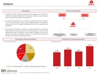 Confidential Material – © 2022
Qualycon
10
A Empresa
Evolução do Faturamento Bruto
Estrutura Societária
Principais Linhas de Produtos
• Fundada em 2012, a Qualycon atende diversos segmentos do mercado de
food service, estando presente em lanchonetes, cafeterias, supermercados,
lojas de conveniência, hotéis, restaurantes etc.
• A companhia disponibiliza suas 12 linhas de produtos de duas maneiras:
crus e/ ou prontos para consumo, ambas congeladas, porém com preparos
distintos; além de ter lançado recentemente uma linha de gôndola para
venda B2C.
• Com sede em Catanduva, no interior do estado de São Paulo, a Qualycon
está instalada em uma área de oito mil metros quadrados e conta com 350
colaboradores, além de produzir cerca de 600 mil salgados por dia. Para
atender a demanda, a companhia conta com três centros de distribuição,
localizados em Catanduva, São Paulo e Recife.
Sócio 1 Sócio 2
85% 15%
Qualycon Alimentos -
Catanduva
Qualycon
Alimentos- SP
25%
20%
14%
14%
28%
Fritos Linha Coquetel Folhados Pão de Queijo Outros
Em % da Receita Líquida 2021
Codicon
1. A Linha Coquetel é a linha de Finger Foods da companhia.
1
65.088
77.816
68.673
93.473
2018 2019 2020 2021
Em Milhares de Reais
 
