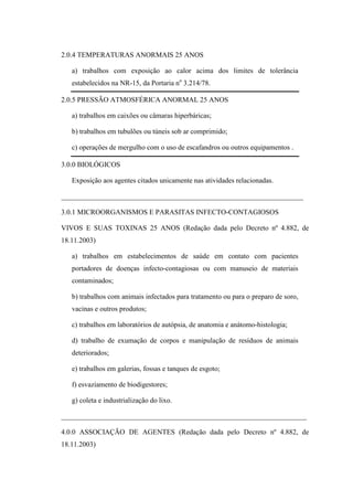 2.0.4 TEMPERATURAS ANORMAIS 25 ANOS
a) trabalhos com exposição ao calor acima dos limites de tolerância
estabelecidos na NR-15, da Portaria no 3.214/78.
2.0.5 PRESSÃO ATMOSFÉRICA ANORMAL 25 ANOS
a) trabalhos em caixões ou câmaras hiperbáricas;
b) trabalhos em tubulões ou túneis sob ar comprimido;
c) operações de mergulho com o uso de escafandros ou outros equipamentos .
3.0.0 BIOLÓGICOS
Exposição aos agentes citados unicamente nas atividades relacionadas.
____________________________________________________________________
3.0.1 MICROORGANISMOS E PARASITAS INFECTO-CONTAGIOSOS
VIVOS E SUAS TOXINAS 25 ANOS (Redação dada pelo Decreto nº 4.882, de
18.11.2003)
a) trabalhos em estabelecimentos de saúde em contato com pacientes
portadores de doenças infecto-contagiosas ou com manuseio de materiais
contaminados;
b) trabalhos com animais infectados para tratamento ou para o preparo de soro,
vacinas e outros produtos;
c) trabalhos em laboratórios de autópsia, de anatomia e anátomo-histologia;
d) trabalho de exumação de corpos e manipulação de resíduos de animais
deteriorados;
e) trabalhos em galerias, fossas e tanques de esgoto;
f) esvaziamento de biodigestores;
g) coleta e industrialização do lixo.
_____________________________________________________________________
4.0.0 ASSOCIAÇÃO DE AGENTES (Redação dada pelo Decreto nº 4.882, de
18.11.2003)

 