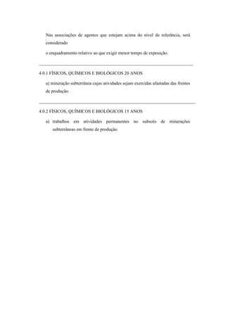 Nas associações de agentes que estejam acima do nível de tolerância, será
considerado
o enquadramento relativo ao que exigir menor tempo de exposição.
____________________________________________________________________
4.0.1 FÍSICOS, QUÍMICOS E BIOLÓGICOS 20 ANOS
a) mineração subterrânea cujas atividades sejam exercidas afastadas das frentes
de produção.
_____________________________________________________________________
4.0.2 FÍSICOS, QUÍMICOS E BIOLÓGICOS 15 ANOS
a) trabalhos em atividades permanentes no subsolo de minerações
subterrâneas em frente de produção.

 