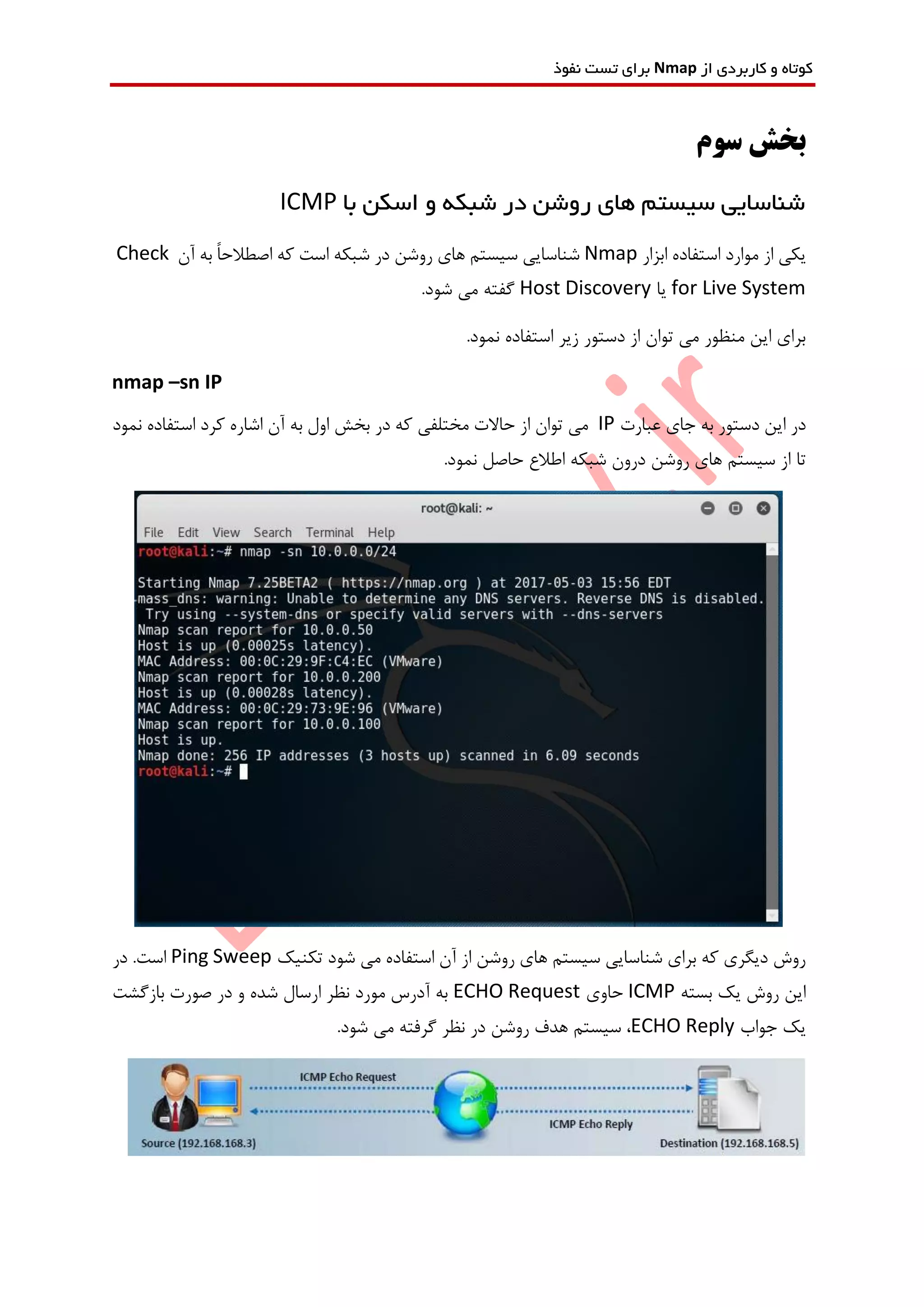 ‫از‬ ‫کاربردی‬ ‫و‬ ‫کوتاه‬Nmap‫نفوذ‬ ‫تست‬ ‫برای‬
‫سوم‬ ‫بخش‬
‫با‬ ‫اسکن‬ ‫و‬ ‫شبکه‬ ‫در‬ ‫روشن‬ ‫های‬ ‫سیستم‬ ‫شناسایی‬ICMP
‫ابزار‬ ‫استفاده‬ ‫موارد‬ ‫از‬ ‫یکی‬Nmap‫آن‬ ‫به‬ ً‫ا‬‫اصطالح‬ ‫که‬ ‫است‬ ‫شبکه‬ ‫در‬ ‫روشن‬ ‫های‬ ‫سیستم‬ ‫شناسایی‬Check
for Live System‫یا‬Host Discovery.‫شود‬ ‫می‬ ‫گفته‬
.‫نمود‬ ‫استفاده‬ ‫زیر‬ ‫دستور‬ ‫از‬ ‫توان‬ ‫می‬ ‫منظور‬ ‫این‬ ‫برای‬
nmap –sn IP
‫عبارت‬ ‫جای‬ ‫به‬ ‫دستور‬ ‫این‬ ‫در‬IP‫مختلفی‬ ‫حاالت‬ ‫از‬ ‫توان‬ ‫می‬‫نمود‬ ‫استفاده‬ ‫کرد‬ ‫اشاره‬ ‫آن‬ ‫به‬ ‫اول‬ ‫بخش‬ ‫در‬ ‫که‬
‫تا‬.‫نمود‬ ‫حاصل‬ ‫اطالع‬ ‫شبکه‬ ‫درون‬ ‫روشن‬ ‫های‬ ‫سیستم‬ ‫از‬
‫تکنیک‬ ‫شود‬ ‫می‬ ‫استفاده‬ ‫آن‬ ‫از‬ ‫روشن‬ ‫های‬ ‫سیستم‬ ‫شناسایی‬ ‫برای‬ ‫که‬ ‫دیگری‬ ‫روش‬Ping Sweep‫در‬ .‫است‬
‫بسته‬ ‫یک‬ ‫روش‬ ‫این‬ICMP‫حاوی‬ECHO Request‫بازگشت‬ ‫صورت‬ ‫در‬ ‫و‬ ‫شده‬ ‫ارسال‬ ‫نظر‬ ‫مورد‬ ‫آدرس‬ ‫به‬
‫جواب‬ ‫یک‬ECHO Reply.‫شود‬ ‫می‬ ‫گرفته‬ ‫نظر‬ ‫در‬ ‫روشن‬ ‫هدف‬ ‫سیستم‬ ،
 