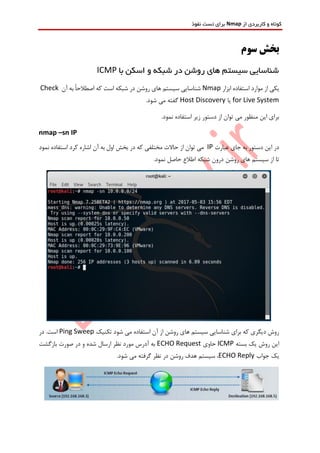 ‫از‬ ‫کاربردی‬ ‫و‬ ‫کوتاه‬Nmap‫نفوذ‬ ‫تست‬ ‫برای‬
‫سوم‬ ‫بخش‬
‫با‬ ‫اسکن‬ ‫و‬ ‫شبکه‬ ‫در‬ ‫روشن‬ ‫های‬ ‫سیستم‬ ‫شناسایی‬ICMP
‫ابزار‬ ‫استفاده‬ ‫موارد‬ ‫از‬ ‫یکی‬Nmap‫آن‬ ‫به‬ ً‫ا‬‫اصطالح‬ ‫که‬ ‫است‬ ‫شبکه‬ ‫در‬ ‫روشن‬ ‫های‬ ‫سیستم‬ ‫شناسایی‬Check
for Live System‫یا‬Host Discovery.‫شود‬ ‫می‬ ‫گفته‬
.‫نمود‬ ‫استفاده‬ ‫زیر‬ ‫دستور‬ ‫از‬ ‫توان‬ ‫می‬ ‫منظور‬ ‫این‬ ‫برای‬
nmap –sn IP
‫عبارت‬ ‫جای‬ ‫به‬ ‫دستور‬ ‫این‬ ‫در‬IP‫مختلفی‬ ‫حاالت‬ ‫از‬ ‫توان‬ ‫می‬‫نمود‬ ‫استفاده‬ ‫کرد‬ ‫اشاره‬ ‫آن‬ ‫به‬ ‫اول‬ ‫بخش‬ ‫در‬ ‫که‬
‫تا‬.‫نمود‬ ‫حاصل‬ ‫اطالع‬ ‫شبکه‬ ‫درون‬ ‫روشن‬ ‫های‬ ‫سیستم‬ ‫از‬
‫تکنیک‬ ‫شود‬ ‫می‬ ‫استفاده‬ ‫آن‬ ‫از‬ ‫روشن‬ ‫های‬ ‫سیستم‬ ‫شناسایی‬ ‫برای‬ ‫که‬ ‫دیگری‬ ‫روش‬Ping Sweep‫در‬ .‫است‬
‫بسته‬ ‫یک‬ ‫روش‬ ‫این‬ICMP‫حاوی‬ECHO Request‫بازگشت‬ ‫صورت‬ ‫در‬ ‫و‬ ‫شده‬ ‫ارسال‬ ‫نظر‬ ‫مورد‬ ‫آدرس‬ ‫به‬
‫جواب‬ ‫یک‬ECHO Reply.‫شود‬ ‫می‬ ‫گرفته‬ ‫نظر‬ ‫در‬ ‫روشن‬ ‫هدف‬ ‫سیستم‬ ،
 