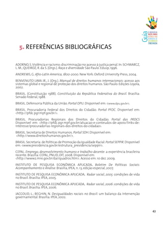 5. REFERÊNCIAS BIBLIOGRÁFICAS

ADORNO, S. Violência e racismo: discriminação no acesso à justiça penal. In: SCHWARCZ,
L. M.; QUEIROZ, R. da S. (Orgs.). Raça e diversidade São Paulo: Edusp, 1996.
ANDREWS, G. Afro-Latin America, 1800-2000. New York: Oxford University Press, 2004.
BENVENUTO LIMA JR., J. (Org.). Manual de direitos humanos internacionais: acesso aos
sistemas global e regional de proteção dos direitos humanos. São Paulo: Edições Loyola,
2002.
BRASIL. (Constituição 1988). Constituição da República Federativa do Brasil. Brasília:
Senado Federal, 1988.
BRASIL. Defensoria Pública da União. Portal DPU. Disponível em: <www.dpu.gov.br>.
BRASIL. Procuradoria Federal dos Direitos do Cidadão. Portal PFDC. Disponível em:
<http://pfdc.pgr.mpf.gov.br/>.
BRASIL. Procuradorias Regionais dos Direitos do Cidadão. Portal das PRDCS
Disponível em: <http://pfdc.pgr.mpf.gov.br/atuacao-e-conteudos-de-apoio/links-de-
interesse/procuradorias-regionais-dos-direitos-do-cidadao>.
BRASIL. Secretaria de Direitos Humanos. Portal SDH. Disponível em:
<http://www.direitoshumanos.gov.br/>.
BRASIL. Secretaria de Políticas de Promoção da Igualdade Racial. Portal SEPPIR. Disponível
em: <www.presidencia.gov.br/estrutura_presidencia/seppir>.
CEPAL. Emprego, desenvolvimento humano e trabalho decente: a experiência brasileira
recente. Brasília: CEPAL, PNUD, OIT, 2008. Disponível em:
<http://www2.mre.gov.br/dai/quadros.htm>. Acesso em: 10 dez. 2009.
INSTITUTO DE PESQUISA ECONÔMICA APLICADA. Boletim De Políticas Sociais:
Acompanhamento e Análise. Brasília, IPEA, n. 13, edição especial, 2007.
INSTITUTO DE PESQUISA ECONÔMICA APLICADA. Radar social, 2005: condições de vida
no Brasil. Brasília: IPEA, 2005.
INSTITUTO DE PESQUISA ECONÔMICA APLICADA. Radar social, 2006: condições de vida
no Brasil. Brasília: IPEA, 2006.
JACCOUD, L.; BEGHIN, N. Desigualdades raciais no Brasil: um balanço da intervenção
governamental. Brasília: IPEA, 2002.



                                                                                             43
 