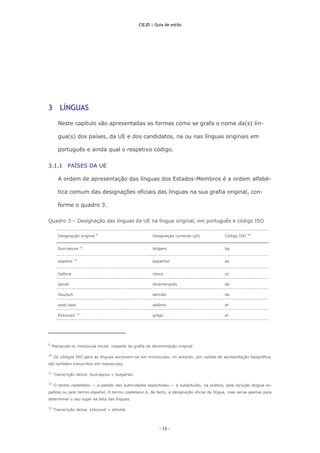 CIEJD | Guia de estilo
- 13 -
3 LÍNGUAS
Neste capítulo são apresentadas as formas como se grafa o nome da(s) lín-
gua(s) d...
