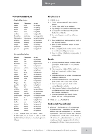 21
Lösungen
Prüfungstraining | Zertifikat Deutsch | © 2008 Cornelsen Verlag Berlin. Alle Rechte vorbehalten.
Verben im Präteritum
1. Regelmäßige Verben
Infinitiv Präteritum Perfekt
sagen sagte hat gesagt
fragen fragte hat gefragt
hören hörte hat gehört
leben lebte hat gelebt
suchen suchte hat gesucht
feststellen stellte fest hat festgestellt
frühstücken frühstückte hat gefrühstückt
arbeiten arbeitete hat gearbeitet
mitteilen teilte mit hat mitgeteilt
zeigen zeigte hat gezeigt
schenken schenkte hat geschenkt
glauben glaubte hat geglaubt
Unregelmäßige Verben
Infinitiv Präteritum Perfekt
sehen sah hat gesehen
fahren fuhr ist gefahren
kommen kam ist gekommen
rufen rief hat gerufen
schreiben schrieb hat geschrieben
liegen lag hat gelegen
gehen ging ist gegangen
geben gab hat gegeben
werden wurde ist geworden
bleiben blieb ist geblieben
sitzen saß hat gesessen
fliegen flog ist geflogen
gefallen gefiel hat gefallen
fallen fiel ist gefallen
schlafen schlief hat geschlafen
nehmen nahm hat genommen
bringen brachte hat gebracht
vorschlagen schlug vor hat vorgeschlagen
essen aß hat gegessen
trinken trank hat getrunken
treffen traf hat getroffen
denken dachte hat gedacht
wissen wusste hat gewusst
kennen kannte hat gekannt
nennen nannte hat genannt
2. 2. war; 3. wollte; 4. sah; 5. fuhr; 6. kam; 7. riefen;
8. stellte fest; 9. war; 10. wusste; 11. hatte; 12. brach-
te; 13. mitteilte; 14. bekam; 15. musste; 16. gewann;
17. gab
Konjunktiv II
1 1. 1B; 2C; 3B; 4B
2. 1. Es wäre gut, wenn wir mehr Sport machen
würden.
2. Es wäre schön, wenn du bei mir wärst.
3. Anja wäre glücklich, wenn sie mehr Geld hätte.
4. Ich würde mir wünschen, dass ich schneller
Deutsch lernen könnte.
5. Tom wäre froh, wenn er nicht so viel lernen
müsste.
3. 1. Wenn Frank im Lotto gewinnen würde, würde er
eine Weltreise machen.
2. Wenn wir mehr Zeit hätten, würden wir öfter
Freunde treffen.
3. Wenn Anna jetzt Urlaub machen könnte, würde
sie am liebsten nach Spanien fahren.
4. Wenn ihr nicht so viel arbeiten müsstet, wäret ihr
nicht so müde.
Passiv
1. 1. Früher wurden Briefe mit der Schreibmaschine
geschrieben. Heute werden sie am Computer
geschrieben.
2. Früher wurde nur mit dem Telefon telefoniert.
Heute wird immer mehr mit dem Handy
telefoniert.
3. Früher wurde immer bar bezahlt. Heute wird viel
mit Kreditkarte bezahlt.
4. Früher wurden Produkte im Geschäft gekauft.
Heute werden viele Sachen online bestellt.
5. Früher wurde viel geraucht. Heute werden
weniger Zigaretten gekauft.
6. Früher wurden Produkte mit dem Schiff nach
Amerika transportiert. Heute werden sie mit
dem Flugzeug transportiert.
7. Früher wurden Briefe geschrieben. Heute
werden SMS oder E-Mails geschrieben.
2. 1. C); 2. A); 3. C); 4. A); 5. B); 6. B)
Verben mit Präpositionen
1. achten auf + A; anfangen mit + D; antworten auf +
A; sich ärgern über + A; aufpassen auf + A; sich
aufregen über + A; sich bedanken für + A / bei + D;
beginnen mit + D; sich beschweren über + A / bei +
D; sich bewerben um + A; bitten um + A; danken für
+ A; denken an + A; diskutieren über + A / mit + D;
einladen zu + D; sich engagieren für + A; sich ent-
schuldigen für + A / bei + D; sich erinnern an + A;
 