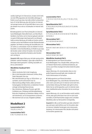 26
Lösungen
Prüfungstraining | Zertifikat Deutsch | © 2008 Cornelsen Verlag Berlin. Alle Rechte vorbehalten.
wickler, kauft gern im Internet ein, ist dann nicht mehr
von den Öffnungszeiten der Geschäfte abhängig. Er
findet es auch gut, dass man alles einfach umtauschen
kann. Er ist der Meinung, dass die Sachen im Internet
viel weniger kosten als im Geschäft. Wenn man so lan-
ge arbeiten muss wie er, ist Einkaufen im Internet sehr
positiv.
B: Stellungnahme zum Thema Einkaufen im Internet.
kurze Wiedergabe: Maria Wertmann, von Beruf Buch-
händlerin, hat früher viel im Internet gekauft, aber kei-
ne guten Erfahrungen damit gemacht, zum Beispiel
hatte sie keine Beratung, oft wollte sie Sachen zurück-
schicken und es hat Probleme mit den Rücksendungen
gegeben. Sie findet es wichtig, die Geschäfte dort, wo
sie wohnt, zu unterstützen. Auch sie arbeitet in einem
Geschäft, in einer Buchhandlung, sie findet es gut, dass
die Kunden weiter viel bei ihr kaufen. Sie ist der Mei-
nung, dass der persönliche Kontakt zu den Kunden
sehr wichtig ist.
Gespräch A/B: eigene Meinung: viel oder wenig online
Einkäufe / welche Produkte? / gute oder schlechte Er-
fahrungen damit gemacht? / wichtig, Geschäfte am
Ort zu unterstützen?
Mündlicher Ausdruck Teil 3
Beispiel:
– Wohin: konkretes Ziel in der Umgebung
– Was ist dort besonders interessant: Schloss, Burg,
Stadt, Naturpark, See usw.
– Wie viele Kilometer pro Tag: ca. 30 bis 40 km – je
nachdem, wie fit und trainiert man ist
– Übernachtung: billige Hotels, zelten auf einem
Campingplatz, bei Bekannten; zu bedenken: Kosten
und ggf. rechtzeitige Reservierung
– Was mitnehmen: Kleidung, Proviant, ggf. Zelt,
Schlafsack usw., Flickzeug und Fahrradwerkzeug,
Karte der Umgebung; zu bedenken: Wetter, nicht zu
viel mit­
nehmen, um es transportieren zu können
– Wer kümmert sich um was: Aufgaben aufteilen
Modelltest 2
Leseverstehen Teil 1
1 B; 2 D; 3 J; 4 H; 5 C
Leseverstehen Teil 2
6. A); 7. C); 8. B); 9. A); 10. A)
Leseverstehen Teil 3
11. B; 12. E; 13. D; 14. H; 15. x; 16. I; 17. K; 18. L; 19. G;
20. x
Sprachbausteine Teil 1
21. B); 22. B); 23. A); 24. B); 25. C); 26. C); 27. C); 28. B);
29. A); 30. B)
Sprachbausteine Teil 2
31. F); 32. L); 33. B); 34. I); 35. H); 36. A); 37. M); 38. C);
39. O); 40. J)
Hörverstehen Teil 1
41. F; 42. R; 43. R; 44. R; 45. F
Hörverstehen Teil 2
46. R; 47. F; 48. F; 49: F; 50. R; 51. F; 52. F; 53. R; 54. R;
55. R
Hörverstehen Teil 3
56. R; 57. R; 58. F; 59. F; 60. F
Mündlicher Ausdruck Teil 2
A: Stellungnahme zum Thema Fernsehen
kurze Wiedergabe: Frau, Claudia Volke, sieht gern fern,
am liebsten Nachrichten und Dokumentationen, ab
und zu auch Filme; heutiges Fernsehen bietet für jeden
etwas an
eigene Meinung, z.B.: einverstanden, dass es eine
große Programmauswahl gibt, aber trotzdem oft
nichts Interessantes im Fernsehen
B: Stellungnahme zum Thema Fernsehen
kurze Wiedergabe: Frau, Jasna Novak, hat keinen Fern-
seher mehr und sieht auch im Internet nicht mehr fern,
sie liest lieber Zeitung, hört Radio oder geht ins Kino;
früher hat sie viel ferngesehen, auch im Internet, hatte
einen Satellitenfernseher, Fernsehen hat sie nervös ge-
macht
eigene Meinung, z.B.: zu viel Fernsehen macht wirklich
nervös, aber ganz ohne kann man sich es auch nicht
vorstellen, B sieht Nachrichten wegen eines schnellen
Überblicks; aber nur fernzusehen ist langweilig
Gespräch A + B: zu viel Fernsehen gut oder schlecht? /
was und wann sieht A/B fern; wo? Im Fernsehen oder
im Internet / beliebte Sendungen; eine interessante
Sendung / ein inter­
essanter Film, die/den A/B zuletzt
im Fernsehen gesehen hat
 