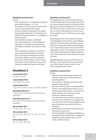 27
Lösungen
Prüfungstraining | Zertifikat Deutsch | © 2008 Cornelsen Verlag Berlin. Alle Rechte vorbehalten.
Mündlicher Ausdruck Teil 3
Beispiel:
– Wann: Tag bestimmen – Samstag oder Sonntag, die
genau Uhrzeit festlegen – z.B. 15 Uhr
– Wen einladen: eine Liste zusammen mit dem Sohn
machen, maximal zehn Kinder einladen
– Geschenk: Fußball, Computerspiel, Buch, Modell-
flugzeug; Spiele organisieren, z. B. Schatzsuche; zu
bedenken: Preise für die Gewinner, z. B. Süßigkeiten,
kleine Geschenke
– Getränke: Wasser, Orangen- und Apfelsaft
– Essen: Geburtstagskuchen und Eis, Süßigkeiten,
Salzstangen, zum Abendessen selbstgemachte
Hamburger; zu bedenken: wie viel zu tun und die
Zeit
– Tische und Stühle: notwendig?, ein Tisch für das
Essen und die Getränke als Bufett, zwei Bänke
– Was noch besorgen: Plastikgeschirr, Servietten,
Dekoration (Luftballons usw.), Preise für Spiele
– Was tun bei schlechtem Wetter: zuerst Eisessen in
einer Eisdiele und anschließend zu Hause, Indoor-
Spielplatz; zu bedenken: Programm und Spiele
Modelltest 3
Leseverstehen Teil 1
1 i); 2 b); 3 j); 4 c); 5 f)
Leseverstehen Teil 2
6. b); 7. b); 8. a); 9. c); 10. b)
Leseverstehen Teil 3
11. g; 12. l; 13. i; 14. k; 15. x; 16. j; 17. x; 18. d; 19. h; 20. a
Sprachbausteine Teil 1
21. b); 22. c); 23. a); 24. a); 25. b); 26. a); 27. c); 28. a);
29. b); 30. a)
Sprachbausteine Teil 2
31. o); 32. c); 33. m); 34. d); 35. h); 36. n); 37. j); 38. l);
39. b); 40. i)
Hörverstehen Teil 1
41. +; 42. –; 43. +; 44. –; 45. +
Hörverstehen Teil 2
46. +; 47. +; 48. –; 49. +; 50. –; 51. +; 52. +; 53. –; 54. –;
55. +
Hörverstehen Teil 3
56. –; 57. –; 58. +; 59. +; 60. +
Mündlicher Ausdruck Teil 2
A: Stellungnahme zum Thema Gesunde Ernährung
kurze Wiedergabe: Olivia Cortez, Hotelkauffrau, findet
das Thema wichtig. Sie sagt, dass sie früher viel Fleisch
gegessen hat, aber heute Vegetarierin ist. Das ist für sie
kein Problem, sie wird auch ohne Fleisch satt. Sie sagt,
dass sie in einem Hotel arbeitet, wo auch Essen ohne
Fleisch angeboten wird. Sie findet das gut, auch wegen
der Umwelt.
B: Stellungnahme zum Thema Gesunde Ernährung
kurze Wiedergabe: Thomas Richter, von Beruf Bankan-
gestellter, ist der Meinung, dass viel Obst und wenig
Zucker bei einer gesunden Ernährung das Wichtigste
ist. Er isst gern Fleisch, fragt sich ob man ohne Fleisch
überhaupt fit sein kann. Er ist dagegen, dass es bei ihm
auf der Arbeit einen fleischfreien Tag gibt. Außerdem
sagt er, dass die Menschen immer schon Fleisch geges-
sen haben.
Gespräch A/B: eigene Meinung zu Fleisch essen / Er-
fahrungen / was ist wichtig für eine gesunde Ernäh-
rung / Obst? Gemüse? welche Getränke / zu viel
Fleisch, Probleme für die Umwelt?
Mündlicher Ausdruck Teil 3
Beispiel:
– Wann: konkreten Tag bestimmen, während der
Arbeitszeit möglich oder nach Feierabend (am
Nachmittag/Abend)
– Wo: in der Firma – Konferenzraum, Büro der Mit­
arbeiterin, Kneipe oder Bar
– Geschenk: wofür interessiert sich die Mitarbeiterin,
z.B. Buch- oder Theatergutschein, Blumen; zu be-
denken: Kosten (Geld sammeln – wer und wie viel)
– Musik: CD-Player, CDs; zu bedenken: im Büro
während der Arbeitszeit möglich?
– eine andere Überraschung: als Erinnerung ein ge-
meinsames Foto, ein kleines Erinnerungsbuch mit
Fotos und kurzen Texten von allen Kolleginnen/Kol-
legen; zu bedenken: genug Zeit für das Erinne-
rungsbuch?
– Wer bezahlt: Geld sammeln für das Geschenk, ggf.
selbst Kuchen backen (wer)
– Wer wird eingeladen: alle Kolleginnen/Kollegen aus
der Abteilung (auch der/die Chef/in?), Kolleginnen/
Kollegen aus anderen Abteilungen?, eine Liste
machen, E-Mail verschicken
 