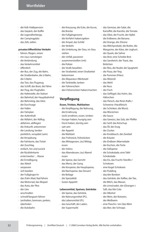 32
Wortfelder
Prüfungstraining | Zertifikat Deutsch | © 2008 Cornelsen Verlag Berlin. Alle Rechte vorbehalten.
∙ die Voll-/Halbpension
∙ das Gepäck, der Koffer
∙ die Jugendherberge,
der Campingplatz
∙ das Zelt, zelten
privater/öffentlicher Verkehr
∙ fahren, fliegen, reisen
∙ ein-/aus-/umsteigen
∙ die Verbindung
∙ das Verkehrsmittel
∙ öffentlich
∙ der Bus, der Zug, die Bahn,
die Straßenbahn, die U-Bahn,
die S-Bahn
∙ das Taxi, das Flugzeug
∙ das Schiff, das Boot, die Fähre
∙ der Flug, der Flughafen
∙ die Haltestelle, die Station
∙ der Bahnhof, der Hauptbahnhof
∙ der Bahnsteig, das Gleis
∙ die Durchsage
∙ der Hafen
∙ der Fahrplan
∙ der Aufenthalt
∙ die Abfahrt, der Abflug
∙ abfahren, abfliegen
∙ die Ankunft, ankommen
∙ die Landung, landen
∙ pünktlich, verspätet (sein)
∙ die Verspätung
∙ die Fahrkarte, das Ticket
∙ der Zuschlag
∙ einfach, hin und zurück
∙ die Rückfahrkarte
∙ erste/zweite/… Klasse
∙ die Ermäßigung
∙ das Abteil
∙ verpassen
∙ sich beeilen
∙ der Fußgänger/in
∙ das (Fahr-)Rad, Rad fahren
∙ das Motorrad, das Moped
∙ das Auto, der Pkw
∙ der Lkw
∙ anschnallen
∙ schnell/langsam fahren
∙ (an)halten, bremsen, parken,
überholen
∙ die Autobahn
∙ die Kreuzung, die Ecke, die Kurve,
die Brücke
∙ die Fußgängerzone
∙ die Vorfahrt haben/geben
∙ die Ampel, das Schild
∙ der Verkehr
∙ die Umleitung, der Stau, im Stau
stehen
∙ der Unfall, passieren
∙ zusammenstoßen (mit)
∙ die Polizei
∙ die Strafe bezahlen
∙ der Strafzettel, einen Strafzettel
bekommen
∙ die (Reparatur-)Werkstatt
∙ die Tankstelle, tanken
∙ der Führerschein
∙ den Führerschein haben/machen
Verpflegung
Essen, Trinken, Mahlzeiten
∙ die Verpflegung, die Nahrung,
die Ernährung
∙ (sich) ernähren, essen, trinken
∙ Hunger haben, hungrig sein
∙ Durst haben, durstig sein
∙ satt sein
∙ der Appetit
∙ die Mahlzeit
∙ das Frühstück, frühstücken
∙ das Mittagessen, (zu) Mittag
essen
∙ der Imbiss
∙ das Abendessen, (zu) Abend
essen
∙ die Speise, das Gericht
∙ das Menü, der Gang
∙ die Vorspeise, die Hauptspeise,
die Nachspeise, das Dessert
∙ die Beilage
∙ die Spezialität
∙ Guten Appetit!
Lebensmittel, Speisen, Getränke
∙ die Speise, das Getränk,
die Nahrungsmittel (Pl.),
die Lebens­
mittel (Pl.)
∙ das Geschäft, der Laden,
der Supermarkt
∙ das Gemüse, der Salat, die
Kartoffel, die Karotte, die Tomate
∙ das Obst, die Frucht, der Apfel,
die Erdbeere, die Banane,
die Orange, die Zitrone
∙ das Milchprodukt, die Butter, die
Margarine, der Käse, der Joghurt,
der Quark, die Sahne
∙ das Brot, eine Scheibe Brot
∙ das Sandwich, der Toast, das
Brötchen
∙ der Reis, die Nudel, die Spaghetti
∙ die Pizza, der Teig
∙ die Pommes (frites)
∙ das Mü(e)sli
∙ das Mehl
∙ die Nuss
∙ der Fisch
∙ das Geflügel, das Huhn, das
Hähnchen
∙ das Fleisch, das Rind-/Kalb-/
Schweine-/Hackfleisch
∙ der Schinken, die Wurst,
das Würstchen
∙ die Sauce
∙ das Gewürz, das Salz, der Pfeffer
∙ der Senf, das Ketschup
∙ das Öl, der Essig
∙ der Zucker
∙ der Knoblauch, die Zwiebel
∙ die Kräuter
∙ die (Erdbeer-)Marmelade
∙ der Kuchen, die Torte
∙ die Süßspeise
∙ die Schokolade, eine Tafel
Schokolade
∙ das Eis, das Frucht-/Vanille-/
Schokoeis
∙ eine Kugel Schokoeis
∙ der Pudding
∙ das/der Bonbon
∙ das Getränk, der Kaffee, der Tee,
die Milch, das Wasser,
die Limo(nade), der (Orangen-)
Saft, das/die Cola
∙ der Alkohol
∙ der Wein, der Rotwein,
der Weißwein
∙ eine Flasche / ein Glas Wein
∙ das Bier, der Schnaps
 