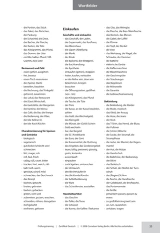 33
Wortfelder
Prüfungstraining | Zertifikat Deutsch | © 2008 Cornelsen Verlag Berlin. Alle Rechte vorbehalten.
∙ die Portion, das Stück
∙ das Paket, das Päckchen,
die Packung
∙ die Schachtel, die Dose,
der Becher, die Flasche,
der Kasten, die Tüte
∙ das Kilo(gramm), das Pfund,
das Gramm, der Liter
∙ ein Kilo, halbes Pfund, 100
Gramm, zwei Liter
Restaurant und Café
∙ essen gehen, ausgehen
∙ frei, besetzt
∙ einen Tisch reservieren
∙ die (Speise-)Karte
∙ bestellen, bezahlen
∙ die Rechnung, das Trinkgeld
∙ getrennt, zusammen
∙ das Lokal, das Restaurant
∙ die (Gast-)Wirtschaft,
die Gast­
stätte, der Biergarten
∙ die Kantine, die Mensa
∙ das Café, die Bar, die Kneipe
∙ die Bedienung, der Ober,
der/die Kellner/in
∙ der/die Koch/Köchin
Charakterisierung für Speisen
und Getränke
∙ biologisch
∙ vegetarisch
∙ gut/lecker/schlecht sein/
schmecken
∙ fett, mager, roh
∙ reif, faul, frisch
∙ salzig, süß, sauer, bitter
∙ trocken, hart, weich, zäh
∙ kalt, heiß, warm
∙ gewürzt, scharf, mild
∙ schmecken, der Geschmack
∙ das Rezept
∙ kochen, gekocht
∙ braten, gebraten
∙ backen, gebacken
∙ grillen, vom Grill
∙ zubereiten, putzen, waschen,
schneiden, rühren, dazugeben
∙ (tief)gekühlt
∙ einfrieren, gefroren
Einkaufen
Geschäfte und einkaufen
∙ das Geschäft, der Laden,
der Supermarkt, das Kaufhaus,
das Warenhaus
∙ die (Sport-)Abteilung
∙ der Markt
∙ der Kiosk
∙ die Bäckerei, die Metzgerei,
die Buchhandlung
∙ die Apotheke
∙ einkaufen (gehen), shoppen
∙ holen, kaufen, verkaufen
∙ an der Reihe sein, dran sein
∙ bekommen, kriegen
∙ brauchen
∙ die Öffnungszeiten, geöffnet
(von - bis)
∙ das Kilo(gramm), das Pfund
∙ die Tasche, die Tüte
∙ der Preis
∙ die Kasse, an der Kasse bezahlen,
zahlen
∙ das Geld, das Wechselgeld,
das Kleingeld
∙ die Münze, der (Geld-)Schein
∙ Geld wechseln
∙ bar, das Bargeld
∙ die EC-/Kreditkarte
∙ der Euro, der Cent
∙ der Kassenzettel, die Quittung
∙ das Angebot, das Sonder­
angebot
∙ teuer, billig, preiswert, günstig,
gratis, kostenlos
∙ ausverkauft
∙ einpacken
∙ zurückgeben, umtauschen
∙ der Umtausch
∙ der/die Verkäufer/in
∙ der/die Kunde/Kundin
∙ die Selbstbedienung
∙ die Ware
∙ das Schaufenster, ausstellen
Haushaltsartikel
∙ das Geschirr
∙ der Teller, die Tasse
∙ die Schüssel
∙ die Kanne, die Kaffee-/Teekanne
∙ das Glas, das Weinglas
∙ die Flasche, die Bier-/Weinflasche
∙ das Besteck, das Messer,
die Gabel, der Löffel
∙ die Pfanne
∙ der Topf, der Deckel
∙ die Vase
∙ das Werkzeug, der Nagel, die
Schraube, der Hammer
∙ die Batterie
∙ elektrische Geräte
∙ die Kaffeemaschine
∙ die Waschmaschine
∙ der Geschirrspüler
∙ der Staubsauger
∙ das Bügeleisen
∙ die Mikrowelle
∙ die Garantie
∙ die Gebrauchsanweisung
Bekleidung
∙ die Bekleidung, die Kleider
∙ die Mode, modisch
∙ das Kleid, der Anzug
∙ die Hose, die Jeans
∙ der Rock
∙ das T-Shirt, das Hemd, die Bluse,
der Pullover
∙ die (Unter-)Wäsche
∙ die Socke, der Strumpf, die
Strumpfhose
∙ die Jacke, der Mantel, der Regen-
mantel
∙ der Hut, die Mütze
∙ der Handschuh
∙ die Badehose, der Badeanzug,
der Bikini
∙ das Badetuch
∙ der Schuh, der Stiefel, der Turn-
schuh
∙ der (Regen-)Schirm
∙ die Tasche, die Handtasche
∙ der Geldbeutel, die Brieftasche,
das Portemonnaie
∙ die Größe
∙ jemandem passen, passen zu
etwas
∙ zu groß/klein/eng/weit sein
∙ an-/um-/ausziehen
∙ anhaben, tragen
 