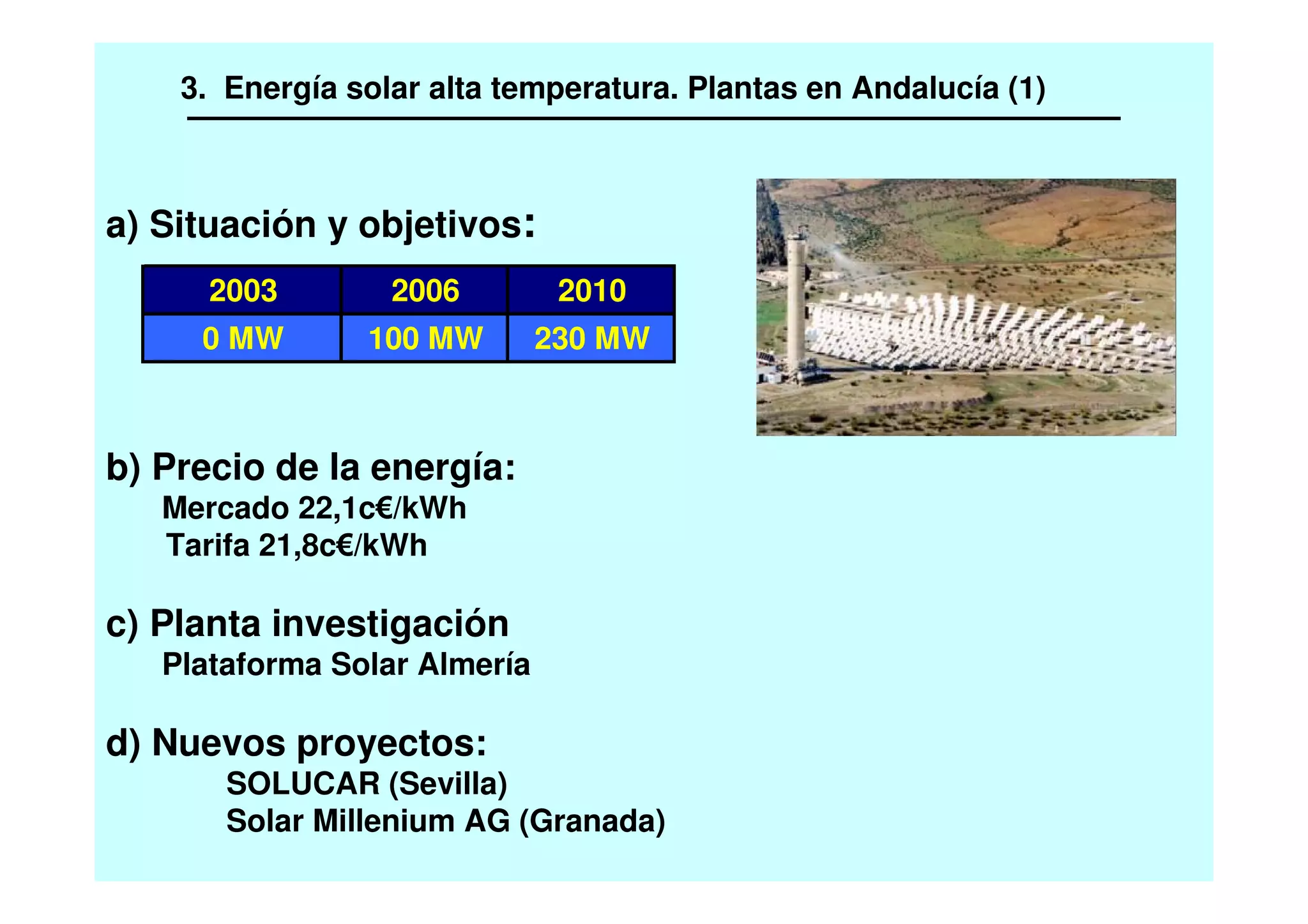 3. Energía solar alta temperatura. Plantas en Andalucía (1)
a) Situación y objetivos:
b) Precio de la energía:
Mercado 22,1c /kWh
Tarifa 21,8c /kWh
c) Planta investigación
Plataforma Solar Almería
d) Nuevos proyectos:
SOLUCAR (Sevilla)
Solar Millenium AG (Granada)
2003 2006 2010
0 MW 100 MW 230 MW
 