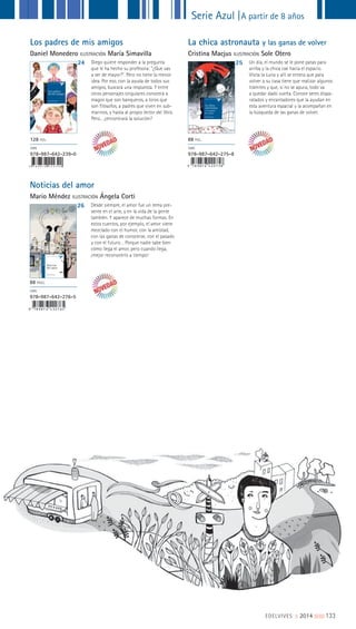 Los padres de mis amigos
Daniel Monedero ILUSTRACIÓN María Simavilla
La chica astronauta y las ganas de volver
Cristina Macjus ILUSTRACIÓN Sole Otero
24 25Diego quiere responder a la pregunta
que le ha hecho su profesora: "¿Que vas
a ser de mayor?". Pero no tiene la menor
idea. Por eso, con la ayuda de todos sus
amigos, buscará una respuesta. Y entre
otros personajes singulares conocerá a
magos que son banqueros, a loros que
son filósofos, a padres que viven en sub-
marinos, y hasta al propio lector del libro.
Pero... ¿encontrará la solución?
Un día, el mundo se le pone patas para
arriba y la chica cae hacia el espacio.
Visita la Luna y allí se entera que para
volver a su casa tiene que realizar algunos
trámites y que, si no se apura, todo va
a quedar dado vuelta. Conoce seres dispa-
ratados y encantadores que la ayudan en
esta aventura espacial y la acompañan en
la búsqueda de las ganas de volver.
128 PGS.
ISBN
978-987-642-239-0
88 PGS.
ISBN
978-987-642-275-8
La chica
astronauta
y las ganas
de volver
Cristina Macjus
9 7 8 9 8 7 6 4 2 2 3 9 0
Noticias
del amor
Mario Méndez
Noticias del amor
Mario Méndez ILUSTRACIÓN Ángela Corti
26 Desde siempre, el amor fue un tema pre-
sente en el arte, y en la vida de la gente
también. Y aparece de muchas formas. En
estos cuentos, por ejemplo, el amor viene
mezclado con el humor, con la amistad,
con las ganas de conocerse, con el pasado
y con el futuro… Porque nadie sabe bien
cómo llega el amor, pero cuando llega,
¡mejor reconocerlo a tiempo!
88 PÁGS.
ISBN
978-987-642-276-5
Guías
de lectura
disponibles
en la web
Serie Azul |A partir de 8 años
EDELVIVES || 2014 ||||||||| 133
 