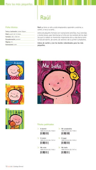 Raúl ya tiene un año y está empezando a aprender a vestirse, a
comer, a irse a la cama…
Libros de pequeño formato con ilustraciones sencillas, muy coloridas
y textos breves, para familiarizar al niño con los nombres de los obje-
tos que lo rodean en momentos importantes de su vida diaria como
la hora de dormir, de comer, de vestirse o de su primer cumpleaños.
Libros de cartón y con los bordes redondeados para los más
pequeños.
Ficha técnica
Texto e ilustración: Liesbet Slegers
Edad: a partir de 12 meses
Formato: 160 x 160 mm
Encuadernación: cartoné
Páginas: 14
Ilustraciones: color
2
4
3
1
Títulos publicados
|1 A dormir
ISBN 978-84-263-7166-9
|2 A comer
ISBN 978-84-263-7167-6
|3 Me visto
ISBN 978-84-263-7168-3
|4 Mi cumpleaños
ISBN 978-84-263-7169-0
|5 A jugar
ISBN 978-84-263-7476-9
|6 Me baño
ISBN 978-84-263-7477-6
12|||||||||LIJ || Catálogo General
Para los más pequeños
Raúl
 