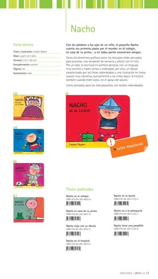 EDELVIVES || 2014 |||||||||13
Con las palabras y los ojos de un niño, el pequeño Nacho
cuenta sus primeros pasos por el mundo: en el colegio,
en casa de su prima… y en todas partes encontrará amigos.
Tanto los elementos gráficos como los textuales están pensados
para provocar una sensación de cercanía y afecto con el niño.
Por un lado, la escritura en primera persona, con un lenguaje
muy sencillo y frases cortas y ordenadas; por otro, un dibujo
caracterizado por las líneas redondeadas y una ilustración en tonos
suaves, muy narrativa, que permitirá a los niños seguir la historia
también cuando estén solos, sin el apoyo del adulto.
Libros pensados para los más pequeños, con bordes redondeados.
Títulos publicados
Nacho va al colegio
ISBN 978-84-263-4620-9
Nacho en casa de su prima
ISBN 978-84-263-4621-6
Nacho viaja con su abuela
ISBN 978-84-263-4622-3
Nacho en el hospital
ISBN 978-84-263-4623-0
Ficha técnica
Texto e ilustración: Liesbet Slegers
Edad: a partir de 3 años
Formato: 170 x 140 mm
Encuadernación: cartoné
Páginas: 28
Ilustraciones: color
Nacho en la ducha
ISBN 978-84-263-5123-4
Nacho va a la peluquería
ISBN 978-84-263-5122-7
Nacho tiene una pesadilla
ISBN 978-84-263-5125-8
Letra mayúscula
Nacho
 