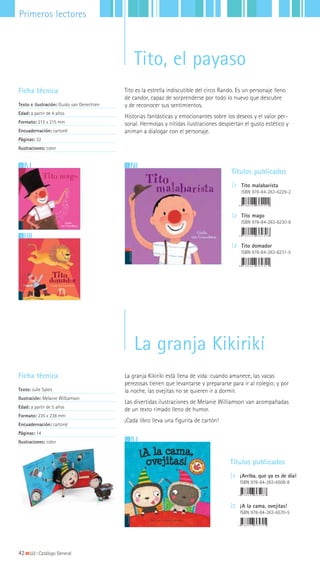12
3
Ficha técnica
Texto e ilustración: Guido van Genechten
Edad: a partir de 4 años
Formato: 215 x 215 mm
Encuadernación: cartoné
Páginas: 32
Ilustraciones: color
Tito es la estrella indiscutible del circo Rando. Es un personaje lleno
de candor, capaz de sorprenderse por todo lo nuevo que descubre
y de reconocer sus sentimientos.
Historias fantásticas y emocionantes sobre los deseos y el valor per-
sonal. Hermosas y nítidas ilustraciones despiertan el gusto estético y
animan a dialogar con el personaje.
Títulos publicados
|1 Tito malabarista
ISBN 978-84-263-6229-2
|2 Tito mago
ISBN 978-84-263-6230-8
|3 Tito domador
ISBN 978-84-263-6231-5
2
Ficha técnica
Texto: Julie Sykes
Ilustración: Melanie Williamson
Edad: a partir de 5 años
Formato: 235 x 238 mm
Encuadernación: cartoné
Páginas: 14
Ilustraciones: color
La granja Kikirikí está llena de vida: cuando amanece, las vacas
perezosas tienen que levantarse y prepararse para ir al colegio; y por
la noche, las ovejitas no se quieren ir a dormir.
Las divertidas ilustraciones de Melanie Williamson van acompañadas
de un texto rimado lleno de humor.
¡Cada libro lleva una figurita de cartón!
Títulos publicados
|1 ¡Arriba, que ya es de día!
ISBN 978-84-263-6508-8
|2 ¡A la cama, ovejitas!
ISBN 978-84-263-6570-5
La granja Kikirikí
42|||||||||LIJ || Catálogo General
Primeros lectores
Tito, el payaso
 