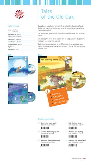 13
4
Ficha técnica
Texto: Rocío Antón
Lola Núñez
Ilustración: Paz Rodero
Canción: Jonathan Mellor
Edad: a partir de 4 años
Formato: 215 x 215 mm
Encuadernación: cartoné
Páginas: 32
Ilustraciones: color
Títulos publicados
|1 Snowy, the brave rabbit
ISBN 978-84-263-7693-0
|2 Camilla, the foreing iguana
ISBN 978-84-263-7694-7
|3 Margaret, the greedy magpie
ISBN 978-84-263-7695-4
|4 Bob, the busy beaver
ISBN 978-84-263-7722-7
|5 Michelle, the shy frog
ISBN 978-84-263-7724-1
|6 Romulus, the honely Wolf
ISBN 978-84-263-7723-4
Incluye CD
Pictogramas
Juego visual
Letra cursiva
Cuidadísima adaptación al inglés de la colección Cuentos del Viejo
Roble, que mantiene el divertido juego de pictogramas, narración y
canciones mágicas.
Las estructuras gramaticales y vocabulario son acordes a la edad del
lector.
Un desplegable inicia cada cuento con un juego visual y los pictogra-
mas para completar los cuentos.
Cada libro va acompañado de un CD que contiene: vocabulario del
juego, los pictogramas, narración completa e interactiva del cuento y
canción final.
EDELVIVES || 2014 |||||||||47
Tales
of the Old Oak
 