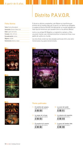 Ficha técnica
Texto: Tommy Donvaband
Ilustración: Cartoon Saloon Ltd.
Edad: a partir de 9 años
Formato: 129 x 197 mm
Encuadernación: rústica
Páginas: variable
Ilustraciones: blanco y negro
Títulos publicados
|1 El colmillo del vampiro
ISBN 978-84-263-8197-2
|2 La sangre de la bruja
ISBN 978-84-263-8198-9
|3 El corazón de la momia
ISBN 978-84-263-8199-6
|4 La carne del zombi
ISBN 978-84-263-8269-6
|5 La calavera del esqueleto
ISBN 978-84-263-8270-2
|6 La garra del hombre lobo
ISBN 978-84-263-8429-4
41
5
6
El día de su décimo cumpleaños, Luke Watson se transforma por
primera vez en hombre lobo, por lo que él y su familia son obligados
a mudarse al Distrito P.A.V.O.R. Allí descubrirán un mundo habitado por
todo tipo de monstruos, que causarán terror a los señores Watson.
Junto a sus amigos RH Negativo, un aspirante a vampiro, y Cleo,
una joven momia, Luke intentará encontrar la manera de llevar a sus
padres de vuelta a su mundo.
Los tres chicos vivirán las más alocadas aventuras entre unos seres
monstruosos muy poco convencionales.
68|||||||||LIJ || Catálogo General
A partir de 8 años
Distrito P.A.V.O.R.
 