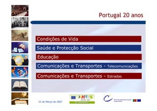 Portugal 20 anos


Condições de Vida

Saúde e Protecção Social

Educação

Comunicações e Transportes -   Telecomunicações


Comunicações e Transportes -   Estradas




23 de Março de 2007
 
