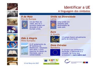Identificar a UE
                                       A linguagem dos símbolos
9 de Maio                       Unida na Diversidade
Dia da Europa                   Lema
         A 9 de Maio de                Uma União em
         1950, deu-se o                respeito pela
         primeiro passo em             diversidade de
         direcção a uma                cada país.
         Europa unida.

                                Euro
                                A Moeda
                                           13 países fazem actualmente
Ode à Alegria                              parte da zona Euro.
Hino Europeu
         O 4º andamento da
         9ª Sinfonia de         Doze Estrelas
         Beethoven. Adoptado    Bandeira
         sem letra, o hino                 O número que simboliza a
         exprime os ideais de              perfeição, a plenitude e a
         liberdade, paz e                  unidade; as cores que
         solidariedade.                    simbolizam o ouro sobre azul.




  23 de Março de 2007
 