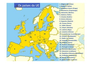 1. Bélgica (Bruxelas)
         Os países da UE                                      2. Bulgária (Sófia)
                                                              3. República Checa (Praga)
                                                              4. Dinamarca (Copenhaga)
                                                              5. Alemanha (Berlim)
                                                              6. Estónia (Tallin)

                                                         25   7. Irlanda (Dublin)
                                                              8. Grécia (Atenas)
                                           26
                                                              9. Espanha (Madrid)

                                                          6   10. França (Paris)
                                                              11. Itália (Roma)
                                                         13
         7                        4                           12. Chipre (Nicósia)
                                                     14
                                                              13. Letónia (Riga)
             27
                                                              14. Lituânia (Vilnius)
                       18
                                                20            15. Luxemburgo (Luxemburgo)
                       1          5
                                                              16. Hungria (Budapeste)
                        15             3
                                                              17. Malta (La Valeta)
                                                24
                  10                  19                      18. Holanda (Amesterdão)
                                                16
                                                              19. Áustria (Viena)
                                      23                 22
                             11                               20. Polónia (Varsóvia)
                                                              21. Portugal (Lisboa)
21
     9                                                    2   22. Roménia (Bucareste)
                                                              23. Eslovénia (Liubliana)
                                                              24. República Eslovaca (Bratislava)
                                                     8
                                                              25. Finlândia (Helsínquia)
                                                              26. Suécia (Estocolmo)
             23 de Março de 2007
                               17                             27. Reino Unido (Londres)
                                                                12
 
