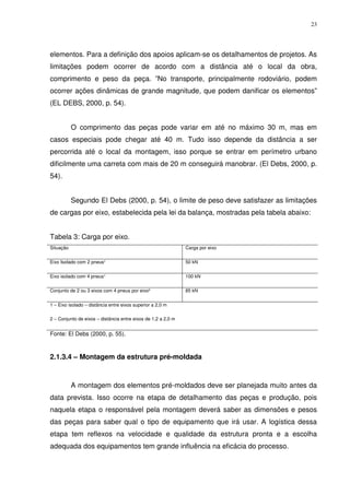 23
elementos. Para a definição dos apoios aplicam-se os detalhamentos de projetos. As
limitações podem ocorrer de acordo com a distância até o local da obra,
comprimento e peso da peça. ”No transporte, principalmente rodoviário, podem
ocorrer ações dinâmicas de grande magnitude, que podem danificar os elementos”
(EL DEBS, 2000, p. 54).
O comprimento das peças pode variar em até no máximo 30 m, mas em
casos especiais pode chegar até 40 m. Tudo isso depende da distância a ser
percorrida até o local da montagem, isso porque se entrar em perímetro urbano
dificilmente uma carreta com mais de 20 m conseguirá manobrar. (El Debs, 2000, p.
54).
Segundo El Debs (2000, p. 54), o limite de peso deve satisfazer as limitações
de cargas por eixo, estabelecida pela lei da balança, mostradas pela tabela abaixo:
Tabela 3: Carga por eixo.
Situação Carga por eixo
Eixo Isolado com 2 pneus¹ 50 kN
Eixo isolado com 4 pneus¹ 100 kN
Conjunto de 2 ou 3 eixos com 4 pneus por eixo² 85 kN
1 – Eixo isolado – distância entre eixos superior a 2,0 m
2 – Conjunto de eixos – distância entre eixos de 1,2 a 2,0 m
Fonte: El Debs (2000, p. 55).
2.1.3.4 – Montagem da estrutura pré-moldada
A montagem dos elementos pré-moldados deve ser planejada muito antes da
data prevista. Isso ocorre na etapa de detalhamento das peças e produção, pois
naquela etapa o responsável pela montagem deverá saber as dimensões e pesos
das peças para saber qual o tipo de equipamento que irá usar. A logística dessa
etapa tem reflexos na velocidade e qualidade da estrutura pronta e a escolha
adequada dos equipamentos tem grande influência na eficácia do processo.
 
