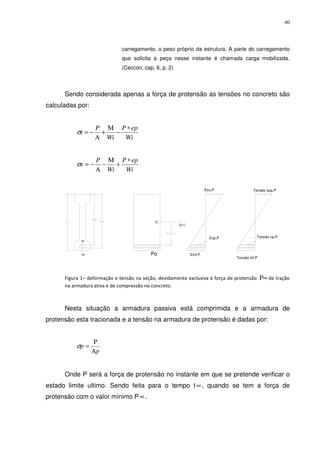 40
carregamento, o peso próprio da estrutura. A parte do carregamento
que solicita a peça nesse instante é chamada carga mobilizada.
(Ceccon, cap, 6, p. 2)
Sendo considerada apenas a força de protensão as tensões no concreto são
calculadas por:
Wi
epP
Wi
P
i
∗
−
Μ
+
Α
−=σ
Wi
epP
Wi
P
s
∗
+
Μ
−
Α
−=σ
AS
Ap
G
y(+)
Po
Esu,P Tensão sup,P
Ecp,P Tensão cp,P
Einf,P
Tensão inf,P
Figura 1– deformação e tensão na seção, devidamente exclusiva à força de protensão ∞Ρ de tração
na armadura ativa e de compressão no concreto.
Nesta situação a armadura passiva está comprimida e a armadura de
protensão esta tracionada e a tensão na armadura de protensão é dadas por:
p
p
Α
Ρ
=σ
Onde P será a força de protensão no instante em que se pretende verificar o
estado limite ultimo. Sendo feita para o tempo t∞ , quando se tem a força de
protensão com o valor mínimo P∞ .
 