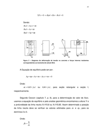 43
00 =−+→=Σ RcdRstRpdFx
Sendo:
cccrRcd σ∗Α=
csRsd σ∗Α=
ppRpd σ∗Α=
Figura 2 – Diagrama de deformação de tensão no concreto e forças internas resistentes
correspondentes ao momento de calculo Mrd.
A Equação de equilíbrio pode ser por:
0=∗Α−∗Α+∗Α cccrsspp σσσ
Onde:
fcdc ∗= 85,0σ ou fcd∗80,0 , para seção retangular e seção I,
respectivamente.
Segundo Ceccon (capitulo 7, p. 8), para a determinação do valor de Accr,
usamos a equação de equilíbrio e pela analise geométrica encontramos a altura Y e
a profundidade da linha neutra X=Y/0,8 ou X=Y/0,85. Assim determinado a posição
da linha neutra deve se verificar os valores arbitrados para sσ e pσ , para os
domínios 2 e 3.
Onde:
ds
x
Χ
=β
 