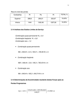 73
Resumo total das perdas
Cordoalhas Pi Po Pt TOTAL %
Superior 288,8 290,21 232,67 19,43%
Inferior 1444 1342,48 1207,90 16,35%
3.14 Análises dos Estalos Limites de Serviço
Combinação quase permanente Ψ2 = 0,4
Combinação freqüente Ψ1 = 0,6
Combinação rara = 1,0
• Combinação quase permanente
Md = 648,44 + 0,4 x 195,31 = 726,56 Kn x m
• Combinação freqüente
Mdf = 648,44 + 0,6 x 195,3 = 765,45 Kn x m
• Combinação rara
Md = 648,44 x 195,3 = 843,74 Kn x m
3.15 Determinações da Excentricidade resultante destas Forças após as
Perdas Progressivas
3060,0
57,1440
04,090,120706,167,232
51,0 =




 +
−=∞
xx
Ep m
 