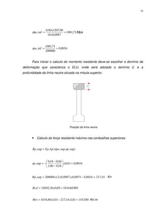 78
71,1081
0987,010
90,120790,0
inf, ==
x
x
peσ Mpa
0054,0
200000
71,1081
inf, ==peε
Para iniciar o calculo do momento resistente deve-se escolher o domínio de
deformação que caracteriza o ELU, onde será adotado o domínio 2, e a
profundidade da linha neutra situada na mísula superior.
Posição da linha neutra
• Calculo da força resistente máxima nas cordoalhas superiores:
sup),.sup,.(.sup, ppeApEpRp εε=
0016,001,0
18,006,1
04,018,0
sup, =





−
−
−= xpε
Kn
60,163405,030,32692 == xRcd Kn
80,143301,114,21701,160,1634 =−= xxMrs Kn.m
14,2170016,00071,0)0987,02(200000sup, =−= xxxRp
 