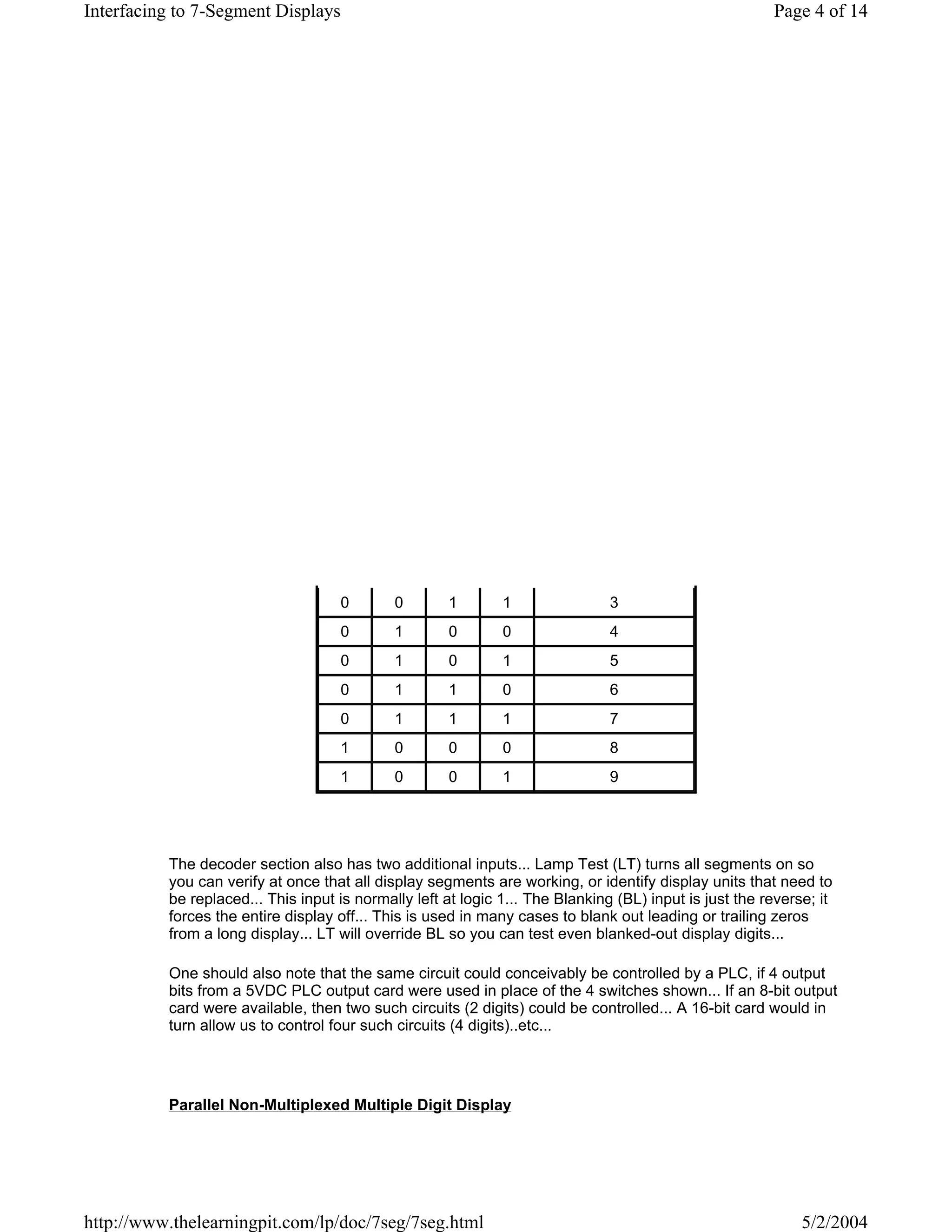Interfacing to 7-Segment Displays                                                                       Page 4 of 14




                                    0        0       1        1                3
                                    0        1       0        0                4
                                    0        1       0        1                5
                                    0        1       1        0                6
                                    0        1       1        1                7
                                    1        0       0        0                8
                                    1        0       0        1                9




          The decoder section also has two additional inputs... Lamp Test (LT) turns all segments on so
          you can verify at once that all display segments are working, or identify display units that need to
          be replaced... This input is normally left at logic 1... The Blanking (BL) input is just the reverse; it
          forces the entire display off... This is used in many cases to blank out leading or trailing zeros
          from a long display... LT will override BL so you can test even blanked-out display digits...

          One should also note that the same circuit could conceivably be controlled by a PLC, if 4 output
          bits from a 5VDC PLC output card were used in place of the 4 switches shown... If an 8-bit output
          card were available, then two such circuits (2 digits) could be controlled... A 16-bit card would in
          turn allow us to control four such circuits (4 digits)..etc...




          Parallel Non-Multiplexed Multiple Digit Display




http://www.thelearningpit.com/lp/doc/7seg/7seg.html                                                          5/2/2004
 