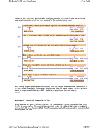 The LogixPro Elevator Simulation                                                                            Page 2 of 6




        Once this is accomplished, all further logic that you add to your program should be placed into the
        appropriate subroutine which has been allocated for the particular task at hand.




        You will note that a number of flags have already been pre-defined, and these are to be employed to
        control the logic flow of your final program. Just to make life a little easier on your instructor, you are
        asked to utilize unused bits in word B3:0 if and when any additional flags are required.
        ..........




        Exercise #2 -- Taking the Elevator to the Top.

        In this exercise you will add all the appropriate logic to detect when the wall mounted 4th floor switch
        (I:1/11) is pressed. When this occurs, the elevator is to be put into motion and proceed upwards until it
        arrives at the 4th floor where it will halt. This of course assumes that the elevator starts out in it's default
        location at the first floor.




http://www.thelearningpit.com/lp/doc/elv/vator.html                                                           5/2/2004
 