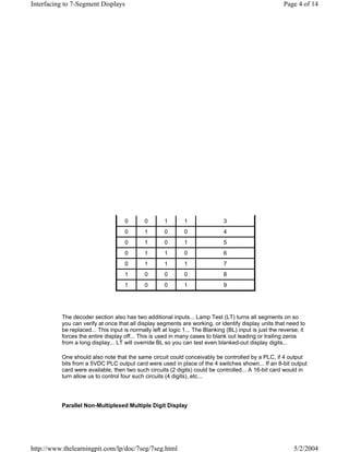 Interfacing to 7-Segment Displays                                                                       Page 4 of 14




                                    0        0       1        1                3
                                    0        1       0        0                4
                                    0        1       0        1                5
                                    0        1       1        0                6
                                    0        1       1        1                7
                                    1        0       0        0                8
                                    1        0       0        1                9




          The decoder section also has two additional inputs... Lamp Test (LT) turns all segments on so
          you can verify at once that all display segments are working, or identify display units that need to
          be replaced... This input is normally left at logic 1... The Blanking (BL) input is just the reverse; it
          forces the entire display off... This is used in many cases to blank out leading or trailing zeros
          from a long display... LT will override BL so you can test even blanked-out display digits...

          One should also note that the same circuit could conceivably be controlled by a PLC, if 4 output
          bits from a 5VDC PLC output card were used in place of the 4 switches shown... If an 8-bit output
          card were available, then two such circuits (2 digits) could be controlled... A 16-bit card would in
          turn allow us to control four such circuits (4 digits)..etc...




          Parallel Non-Multiplexed Multiple Digit Display




http://www.thelearningpit.com/lp/doc/7seg/7seg.html                                                          5/2/2004
 