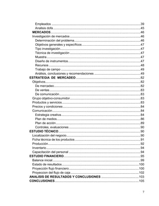 7
Empleados ......................................................................................................39
Analisis dofa....................................................................................................45
MERCADOS.......................................................................................................46
Investigación de mercados.................................................................................46
Determinación del problema............................................................................46
Objetivos generales y específicos ...................................................................47
Tipo investigación............................................................................................47
Técnica de investigación .................................................................................47
Muestra ...........................................................................................................47
Diseño de instrumentos...................................................................................47
Recursos .........................................................................................................48
Trabajo de campo ...........................................................................................49
Análisis, conclusiones y recomendaciones .....................................................49
ESTRATEGIA DE MERCADEO ..........................................................................82
Objetivos.............................................................................................................82
De mercadeo...................................................................................................82
De ventas ........................................................................................................83
De comunicación.............................................................................................83
Grupo objetivo-consumidor.................................................................................83
Productos y servicios..........................................................................................83
Precios y condiciones.........................................................................................84
Comunicación.....................................................................................................84
Estrategia creativa...........................................................................................84
Plan de medios................................................................................................86
Plan de acción.................................................................................................89
Controles, evaluaciones ..................................................................................90
ESTUDIO TÉCNICO..............................................................................................90
Localización del negocio.....................................................................................90
Ficha técnica de los productos ...........................................................................91
Producción..........................................................................................................92
Inventario............................................................................................................94
Capacitación del personal ..................................................................................94
ESTUDIO FINANCIERO........................................................................................95
Balance inicial.....................................................................................................99
Estado de resultados........................................................................................100
Proyección flujo financiero................................................................................100
Proyeccion del flujo de caja..............................................................................102
ANALISIS DE RESULTADOS Y CONCLUSIONES ...........................................103
CONCLUSIONES................................................................................................105
 