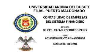 UNIVERSIDAD ANDINA DELCUSCO
FILIAL PUERTO MALDONADO
CONTABILIDAD DE EMPRESAS
DEL SISTEMA FINANCIERO
DOCENTE:
Dr. CPC. RAFAEL ESCOBEDO PEREZ
TEMA:
LOS INSTRUMENTOS FINANCIEROS
SEMESTRE: DECIMO
 