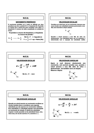 M.C.U.                                                         M.C.U.

             MOVIMENTO PERIÓDICO                                             VELOCIDADE ESCALAR
O movimento periódico em si pode ser definido por duas          Considere um móvel que, em seu movimento, descreve uma
grandezas que são o período (T) e a frequência (f). O período   curva circular com velocidade constante percorrendo o arco
é o tempo que o móvel leva para completar uma volta e a         AB, como ilustrado na figura abaixo.
frequência é o número de voltas completadas na unidade de
tempo.
 "O período é o inverso da frequência e a frequência
               é o inverso do período."
                            No S.I. : T      Segundo (s)        Quando o móvel percorre o arco AB, ele sofre um
T= 1            f= 1             1 = s-1 = rps = Hertz (Hz)     deslocamento . Sua velocidade linear, por ser constante, é
   f               T      f                                     determinada com a equação da velocidade média:
                                 s




                         M.C.U.                                                         M.C.U.

              VELOCIDADE ESCALAR                                             VELOCIDADE ANGULAR
                                                                Agora se você observar atentamente esse
                S   2πR                                        movimento, será possível perceber que, quando o
             V=    =     = 2πRf                                 móvel percorre o arco AB, além de sofrer o
                t    T
                                                                deslocamento , ele também varre um ângulo.
                                                                Observe a figura:

                        No S.I. : V      m/s




                         M.C.U.                                                         M.C.U.

              VELOCIDADE ANGULAR                                            VELOCIDADE ANGULAR

Quando um móvel executa um movimento curvilíneo ou                                θ   2π
circular também deve se considerar uma segunda                              ω=       =    = 2πf
velocidade que não aparece nos movimentos retilíneos.
                                                                                  t   T
Essa velocidade é a velocidade angular e ela está ligada
ao movimento de rotação. O cálculo da velocidade
angular é muito parecido ao da velocidade linear, mas,                                 No S.I. : ω       rad/s
nesse caso, em vez de usarmos o V, usaremos o ω.
 