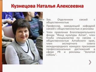 » Зав.     Отделением     связей     с
  общественностью
» Профессор, заведующий кафедрой
  связей с общественностью и рекламы
» Член правления благотворительного
  фонда "Фонд культуры Алтая", член
  Клуба специалистов по связям с
  общественностью Алтайского края,
  член        экспертного       совета
  международного конкурса признания
  професcиональных достижений в
  сфере PR и рекламы "Золотой
  соболь".
 