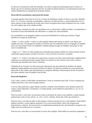 la vida real: los posteriores están más definidos. Los niños se alejan de la preocupación por la forma y el
diseño, que son los elementos primarios del arte. El cambio de diseño abstracto a la representación marca un
cambio fundamental en el propósito de la pintura infantil.

Desarrollo del conocimiento experiencial del mundo

A menudo aquellos niños entre los 10 y los 12 meses de edad lloran cuando ven llorar a otro niño; alrededor
de los 13 ó 14 meses, acarician con palmaditas o abrazan a un bebé que llora; y, aproximadamente a los 18
meses, prestan un tipo específico de ayuda como ofrecer un juguete nuevo para reemplazar uno roto, o darle
una cura a alguien que se ha cortado un dedo.

Es verdad que, a menudo, los niños son egocéntricos en su conservación , hablan sin saber y sin importarles si
la persona a la que están hablando está interesada o si, aunque sea, está escuchando.

En la actualidad, los investigadores difieren acerca de la habilidad de los niños para clasificar. Piaget
identificó tres etapas de clasificación:

−Etapa 1. ( 2 años y medio− 5 años): los niños agrupan objetos para formar un diseño o una figura, por
ejemplo una casa; o los agrupan de acuerdo con criterios que van cambiando como es el agregar un cuadrado
azul a uno rojo porque los dos son cuadrados y después agregar al grupo un triángulo rojo porque es rojo,
como el cuadrado rojo.

− Etapa 2. ( 5− 7 años): los niños agrupan por similaridad, pero pueden cambiar los criterios durante la tarea,
clasificando algunos grupos con base en el color, y otros con base en la forma o el tamaño.

− Etapa 3. ( 7− 8 años): en la etapa de las operaciones concretas, los niños están clasificando verdaderamente:
empiezan con un plan general para agrupar objetos de acuerdo con dos criterios( como color y forma ),
mostrando que entienden entre clases y subclases.

Alrededor de los 18 meses, los niños atraviesan, típicamente, por una explosión de nombres; de repente,
adquieren muchas palabras nuevas para clasificar los objetos. Su interés en nombrar las cosas muestra que
ahora ellos se dan cuenta e que éstas pertenecen a categorías diferentes. Parecen querer dividir el mundo en
dos clases naturales, tanto de palabra como de obra.

Desarrollo lingüístico

A los 3 años y medio, el niño habla constantemente y tiene un comentario para todo. El nuevo lenguaje que
emplea suena más y más como la lengua materna.

A los tres años puede dar y seguir órdenes sencillas y nombrar cosas familiares como animales, partes del
cuerpo y gente importante. Usa plurales y el tiempo pasado, como también los pronombres yo, tú y me, mi,
correctamente.

Entre los cuatro y cinco años, sus oraciones tienen un promedio de cuatro a cinco palabras, y puede manejar
preposiciones como encima, debajo, en, sobre y detrás. Además, utiliza más verbos que sustantivos.

Entre los cinco y seis años de edad, el niño empieza a utilizar oraciones de seis a ocho palabras. Puede definir
palabras sencillas y conoce algunos antónimos. En su conversación diaria, utiliza más conjunciones,
preposiciones y artículos. Su conversación es completamente gramatical, pero aún descuida la excepción a las
reglas como al escribir poní en vez de puse.

Entre los seis y siete años, su conversación se vuelve más compleja. Ahora habla con oraciones compuestas y


                                                                                                                  6
 