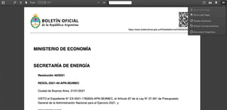 https://www.boletinoficial.gob.ar/#!DetalleNorma/240009/20210122
MINISTERIO DE ECONOMÍA
SECRETARÍA DE ENERGÍA
Resolución 40/2021
RESOL-2021-40-APN-SE#MEC
Ciudad de Buenos Aires, 21/01/2021
VISTO el Expediente N° EX-2021-1782625-APN-SE#MEC, el Artículo 87 de la Ley N° 27.591 de Presupuesto
General de la Administración Nacional para el Ejercicio 2021, y
Page: 1 of 7 Automatic Zoom
Go to First Page
Go to Last Page
Rotate Clockwise
Rotate Counterclockwise
Document Properties…
 