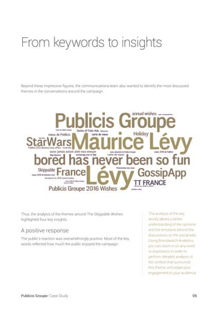 Publicis Groupe/ Case Study	 09
Beyond these impressive figures, the communications team also wanted to identify the most discussed
themes in the conversations around the campaign.
Thus, the analysis of the themes around The Skippable Wishes
highlighted four key insights.
A positive response
The public’s reaction was overwhelmingly positive. Most of the key
words reflected how much the public enjoyed the campaign.
The analysis of the key
words allows a better
understanding of the opinions
and the emotions behind the
discussions on the social web.
Using Brandwatch Analytics,
you can zoom in on any word
or expression in order to
perform detailed analysis of
the context that surrounds
this theme, and adapt your
engagement to your audience.
From keywords to insights
 