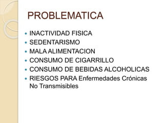 PROBLEMATICA 
 INACTIVIDAD FISICA 
 SEDENTARISMO 
 MALA ALIMENTACION 
 CONSUMO DE CIGARRILLO 
 CONSUMO DE BEBIDAS ALCOHOLICAS 
 RIESGOS PARA Enfermedades Crónicas 
No Transmisibles 
 